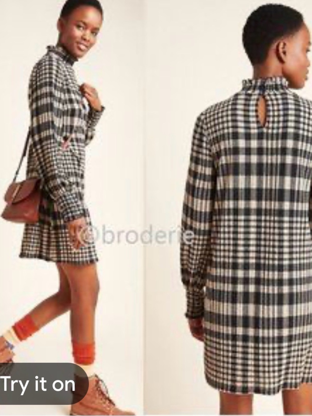 Anthropologie Black and Cream Plaid Long-Sleeve Mini Dress